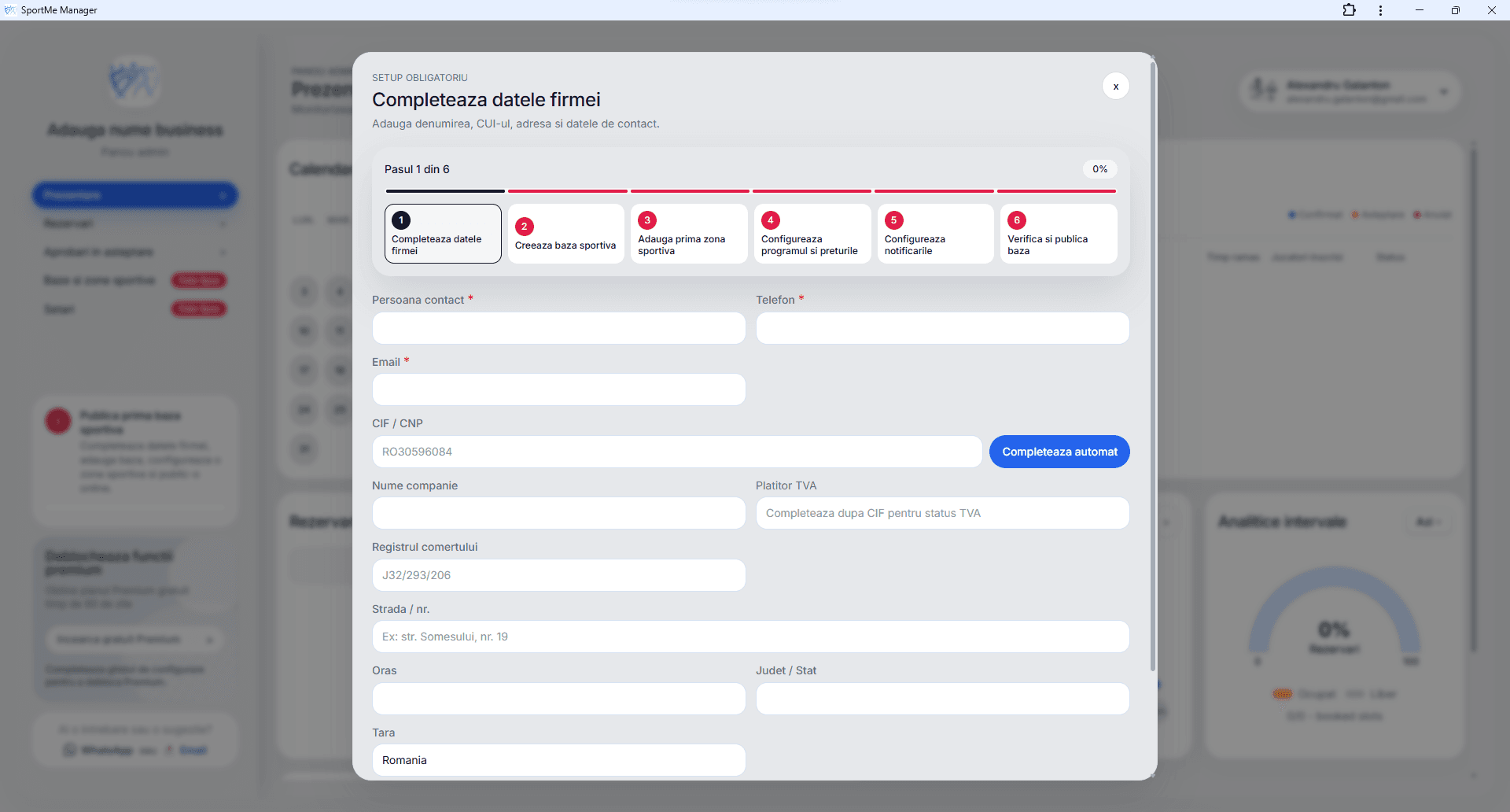 Completează datele firmei - screenshot SportMe Manager