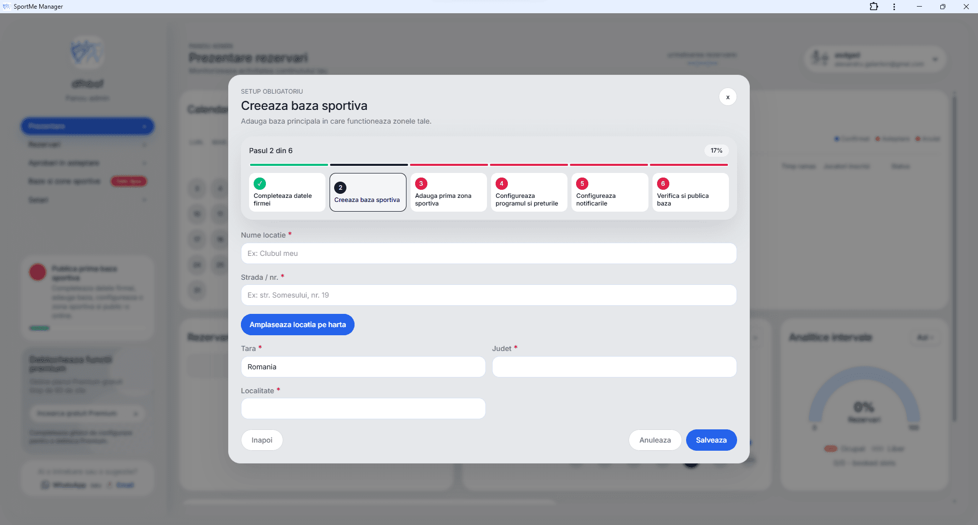 Creează baza sportivă - screenshot SportMe Manager
