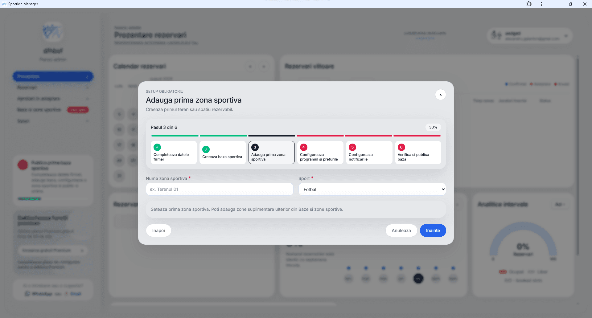 Adaugă prima zonă sportivă - screenshot SportMe Manager