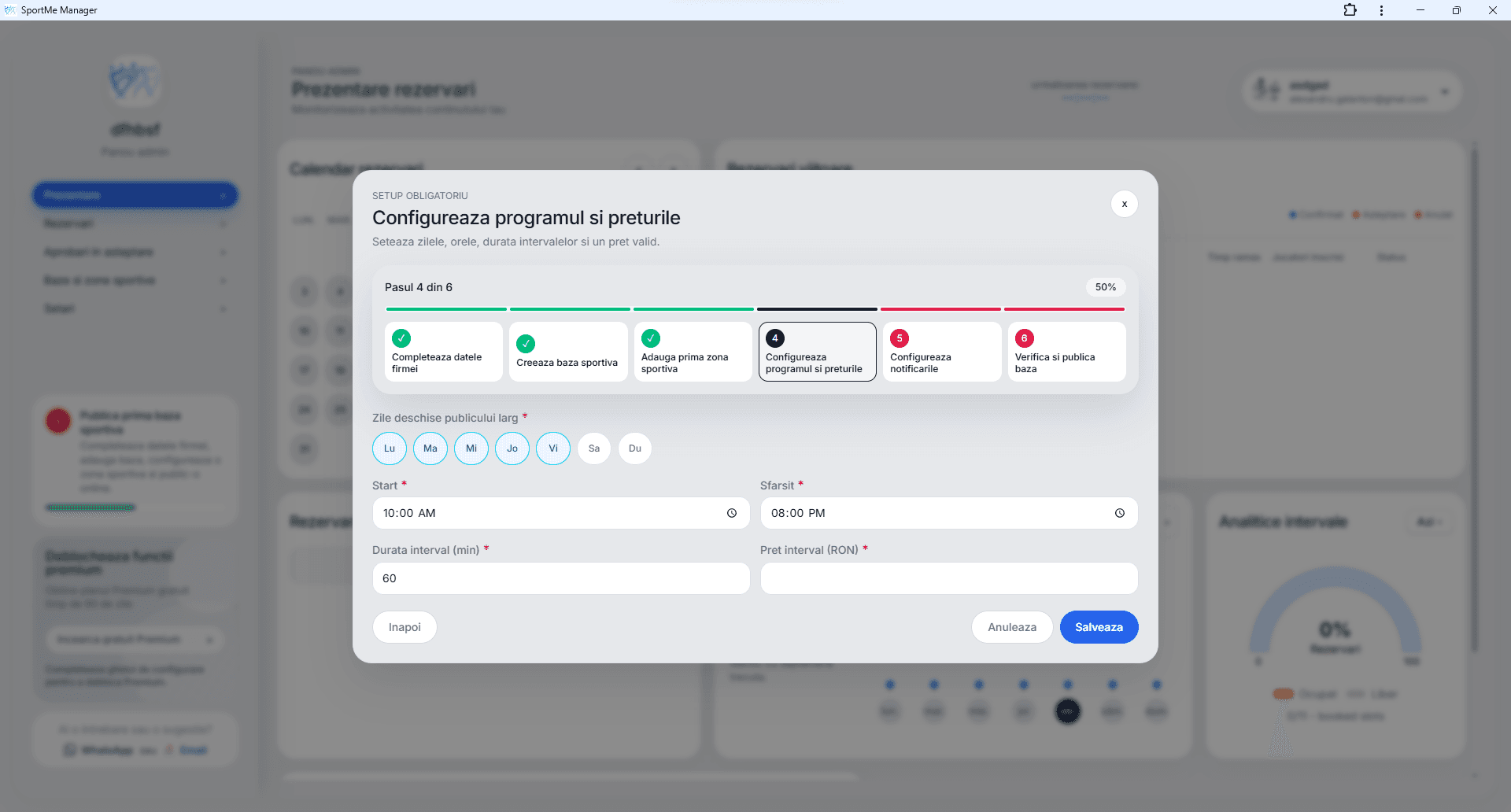 Configurează programul și prețurile - screenshot SportMe Manager