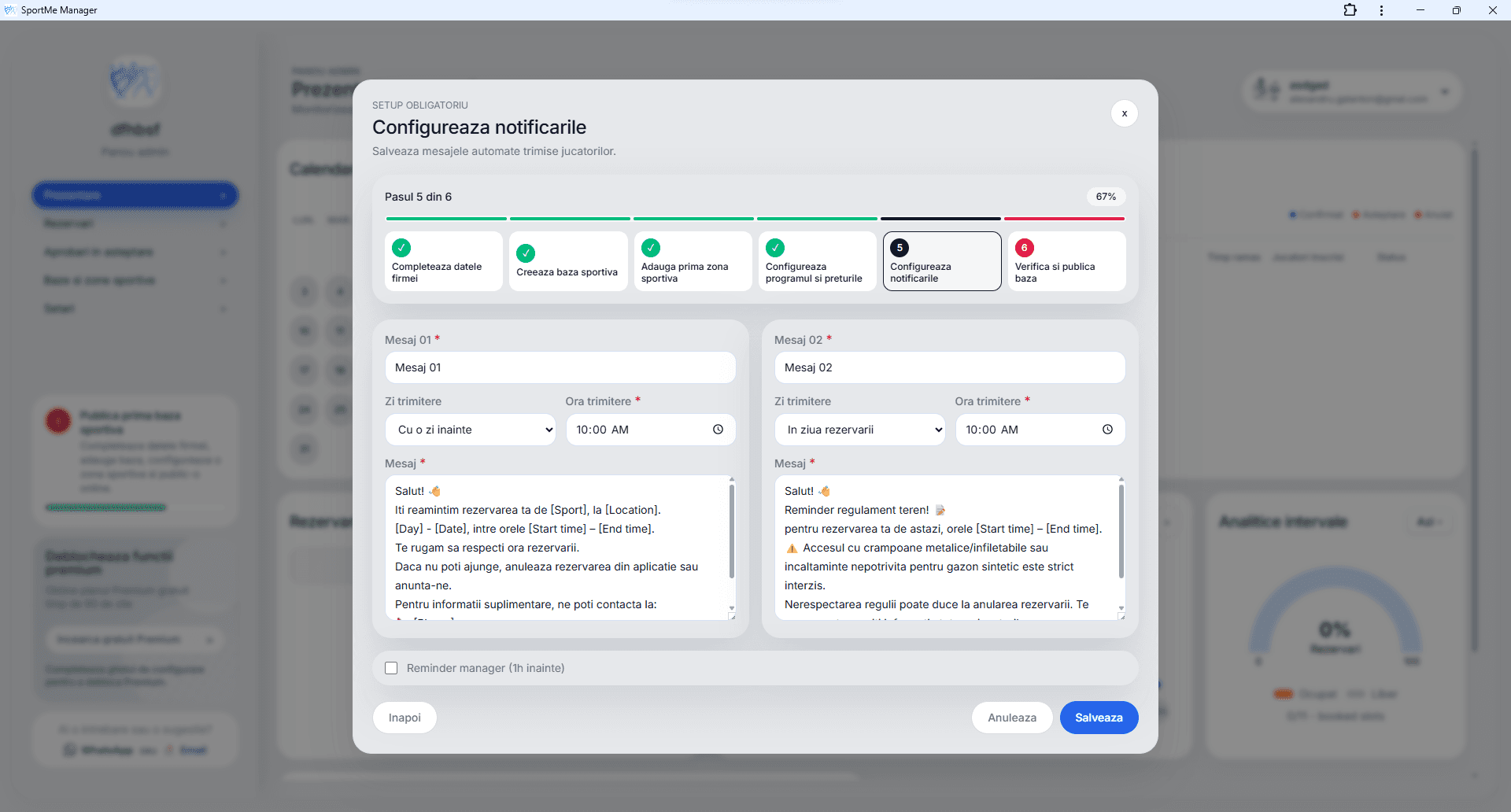 Configurează notificările - screenshot SportMe Manager