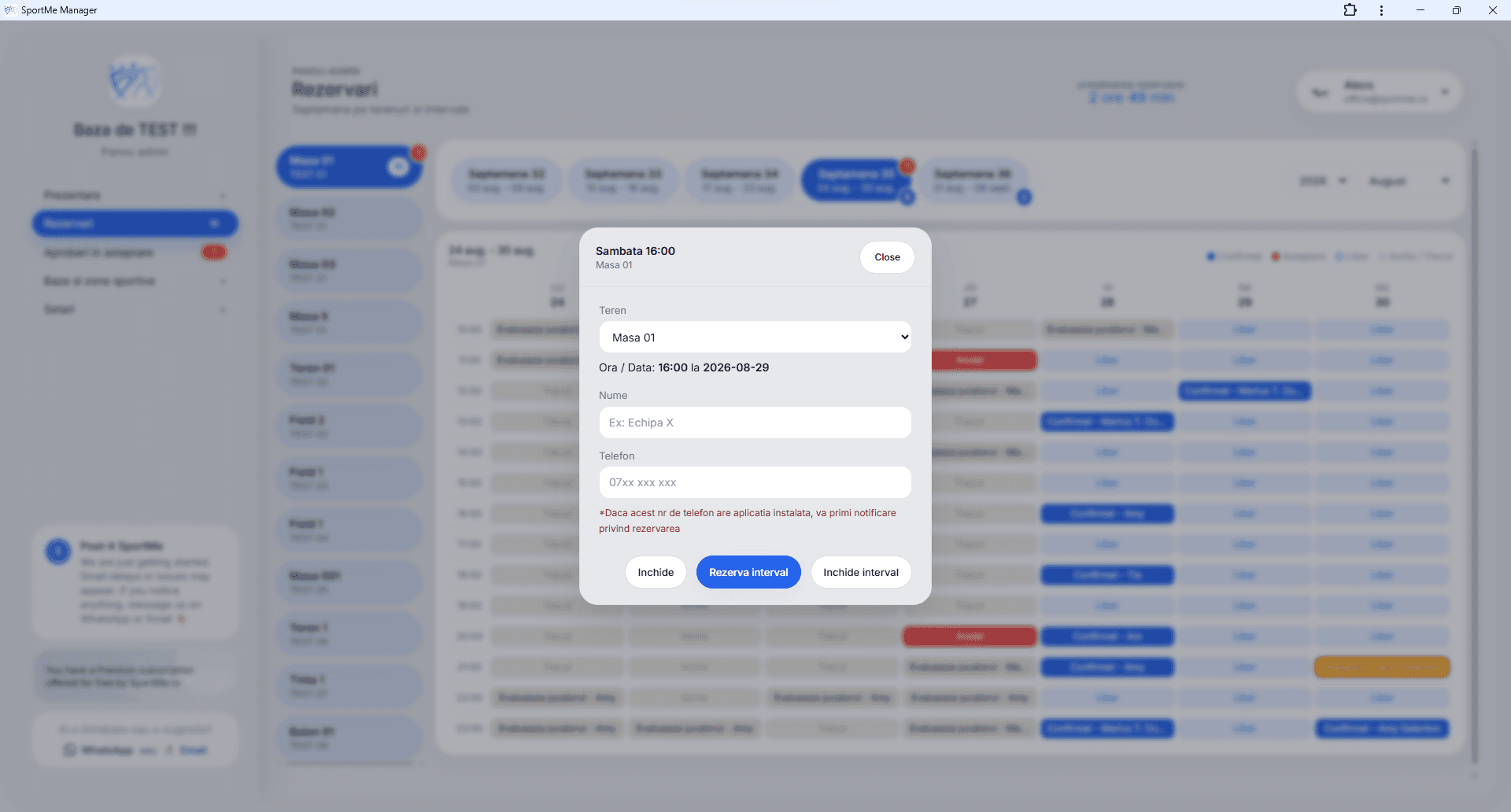 Creează o rezervare manuală - screenshot SportMe Manager