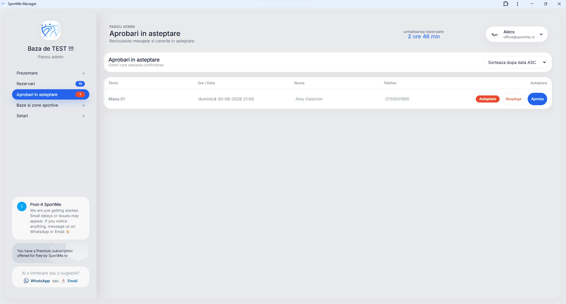 Aprobări în așteptare - screenshot SportMe Manager