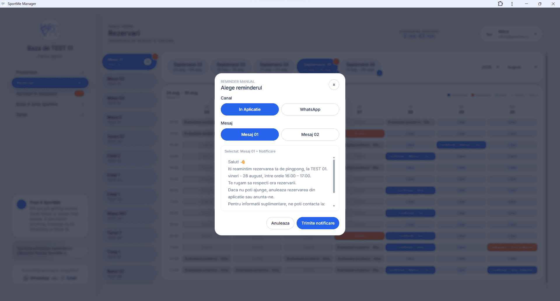 Notificări manuale - screenshot SportMe Manager