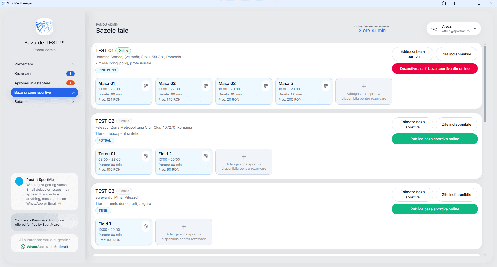Baze și zone sportive - screenshot SportMe Manager