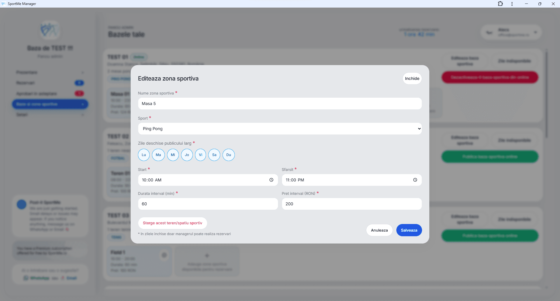 Adaugă sau editează o zonă sportivă - screenshot SportMe Manager
