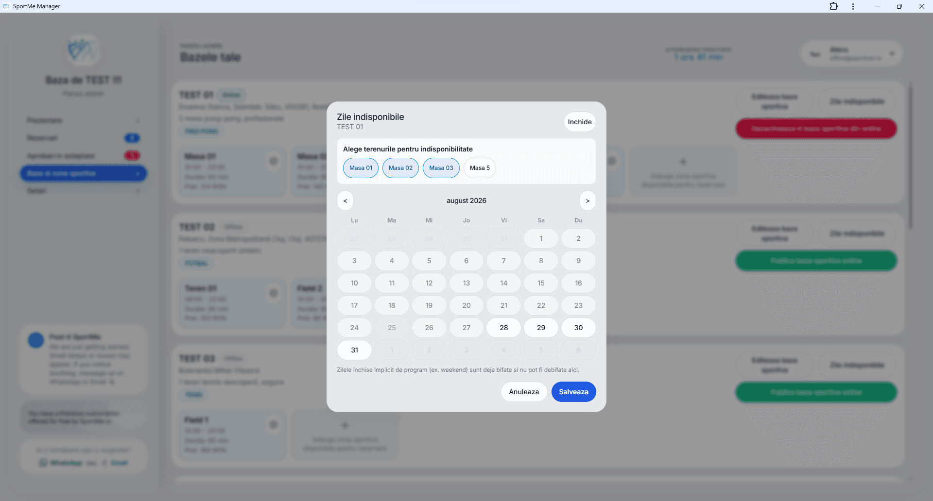 Zile indisponibile - screenshot SportMe Manager