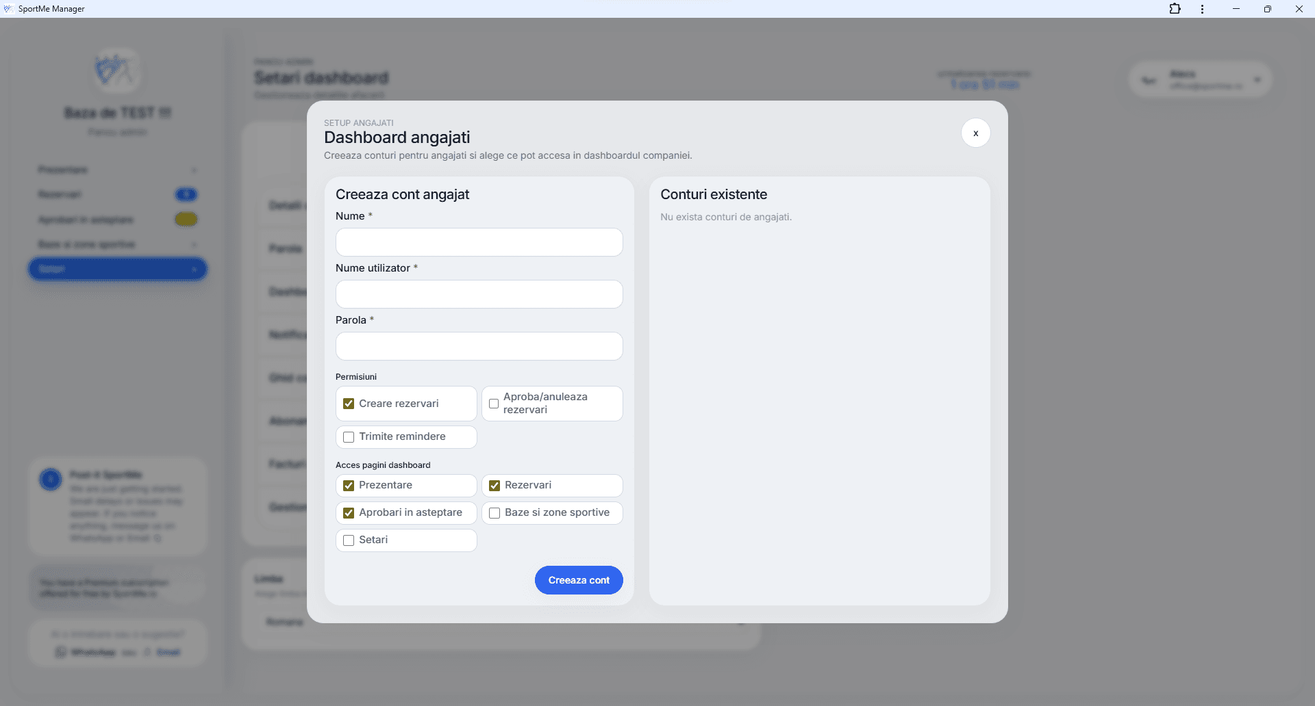 Dashboard angajați - screenshot SportMe Manager
